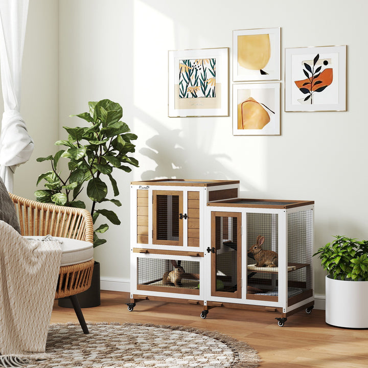 Coelheira de Madeira para Interior Gaiola para Coelhos e Animais Pequenos de 2 Níveis com 6 Rodas 2 Escadas 3 Bandejas Amovíveis e Área Aberta 110x50x86 cm Marrom