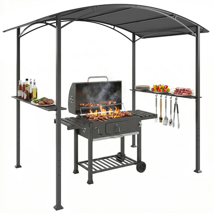 Toldo para Jardim 2,4 x 1,5 m Estrutura de Aço com 2 Prateleiras Laterais Telhado Resistente às Intempéries Ganchos para Jardim Terraço Exterior Camping e BBQ Cinzento Escuro