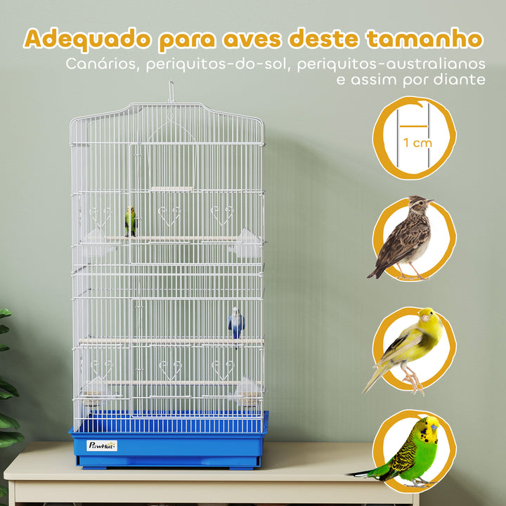Gaiola para Pássaros, Gaiola Metálica com Portas, 4 Tigelas de Comida, 3 Poleiros, Baloiço, Bandeja Removível e Pega para Transporte, para Papagaio, Canário, Periquito, 46,5x35,5x92 cm, Azul