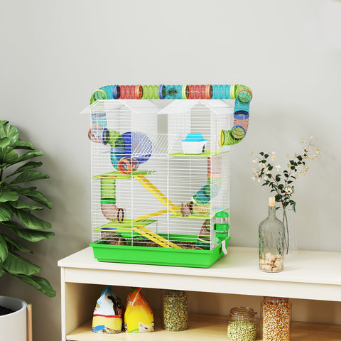 Gaiola para Hamster de 5 Níveis 47x30x59 cm Casa para Animais Pequenos com Túneis Tigela Bebedouro Casinha Roda de Exercício Rampas para Hamsters e Gerbos Verde