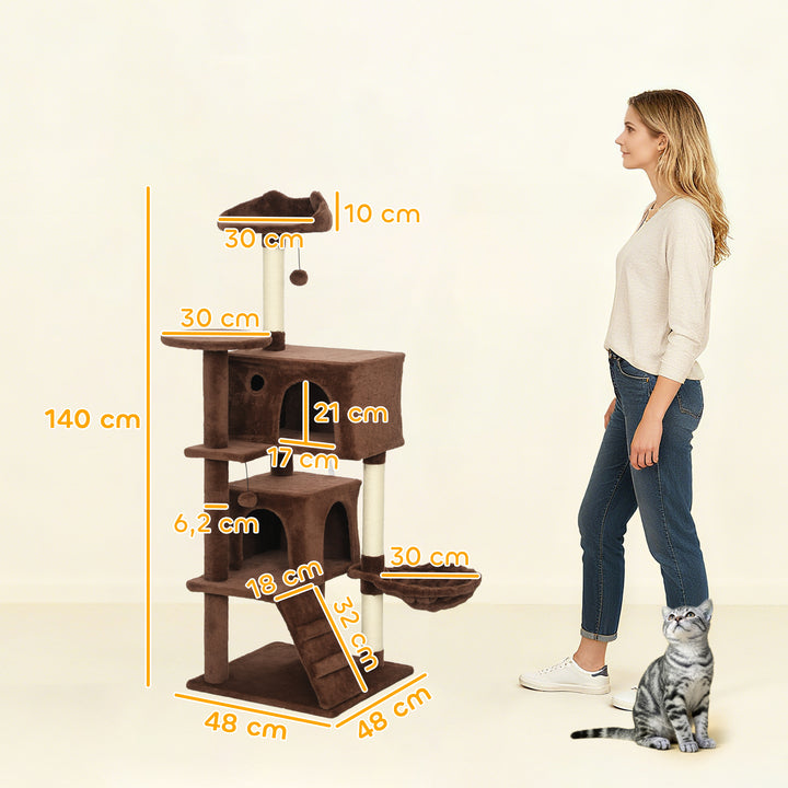 Arranhador para Gatos 140 cm Torre de Escalada com Múltiplas Plataformas Cama 2 Cavernas Rede Escada Postes de Sisal Bolas para Brincar Marrom