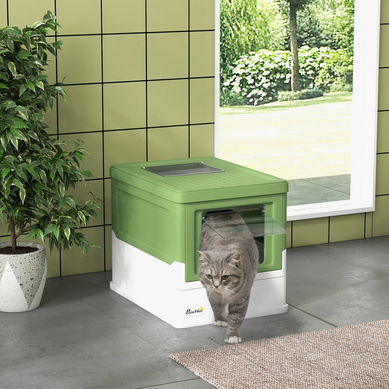 Caixa de Areia para Gatos Dobrável Caixa de Areia para Gatos Fechada com Cobertura Desmontável Bandeja Removível Teto Rebatível Porta de Entrada e Pá 47,5x35,5x36,7cm Verde Claro