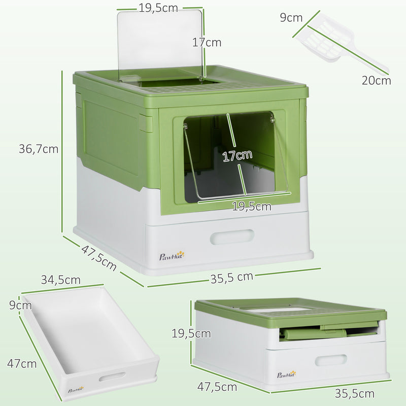 Caixa de Areia para Gatos Dobrável Caixa de Areia para Gatos Fechada com Cobertura Desmontável Bandeja Removível Teto Rebatível Porta de Entrada e Pá 47,5x35,5x36,7cm Verde Claro