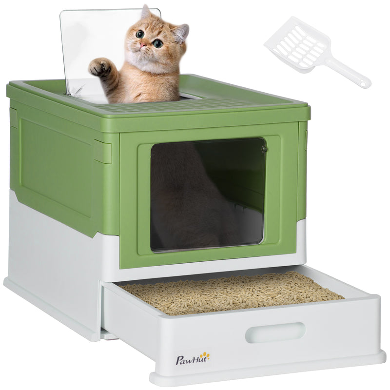 Caixa de Areia para Gatos Dobrável Caixa de Areia para Gatos Fechada com Cobertura Desmontável Bandeja Removível Teto Rebatível Porta de Entrada e Pá 47,5x35,5x36,7cm Verde Claro