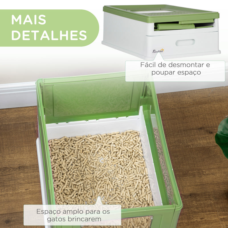 Caixa de Areia para Gatos Dobrável Caixa de Areia para Gatos Fechada com Cobertura Desmontável Bandeja Removível Teto Rebatível Porta de Entrada e Pá 47,5x35,5x36,7cm Verde Claro