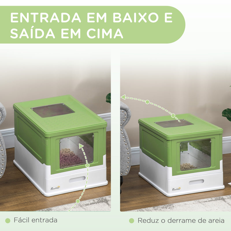 Caixa de Areia para Gatos Dobrável Caixa de Areia para Gatos Fechada com Cobertura Desmontável Bandeja Removível Teto Rebatível Porta de Entrada e Pá 47,5x35,5x36,7cm Verde Claro