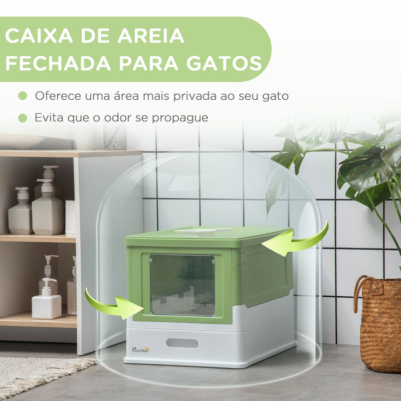 Caixa de Areia para Gatos Dobrável Caixa de Areia para Gatos Fechada com Cobertura Desmontável Bandeja Removível Teto Rebatível Porta de Entrada e Pá 47,5x35,5x36,7cm Verde Claro