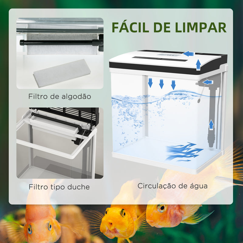 Aquário de Cristal de 28L Aquário Pequeno com Sistema de Filtração Iluminação LED e Bomba de Água 38x26x39,5 cm Branco