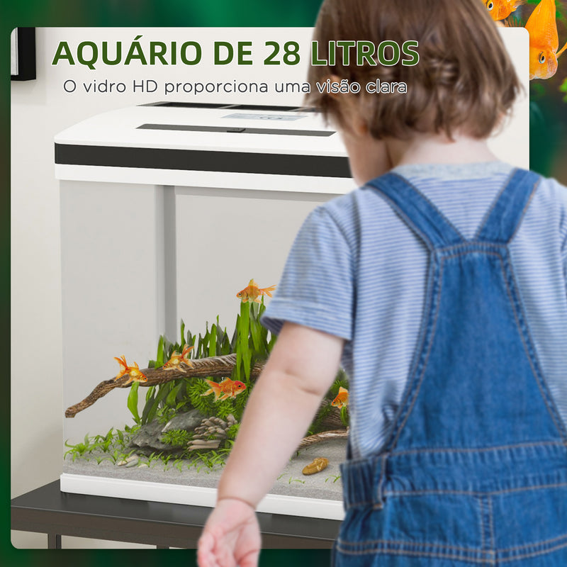 Aquário de Cristal de 28L Aquário Pequeno com Sistema de Filtração Iluminação LED e Bomba de Água 38x26x39,5 cm Branco