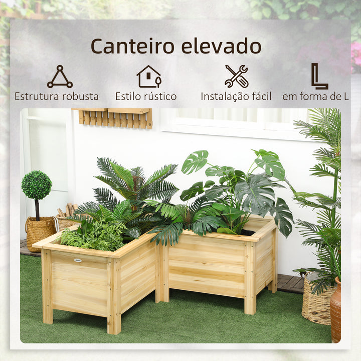 Floreira Elevada de Madeira Floreira Exterior em Forma de L com Forro Não Tecido Horta Urbana para Cultivo de Plantas e Flores Jardim ou Terraço, 120x120x50 cm Madeira