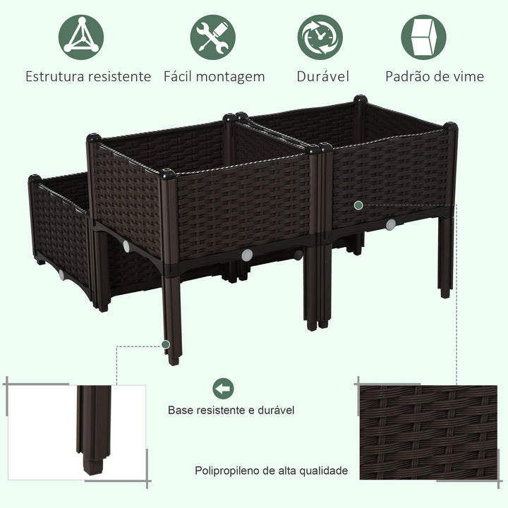 Conjunto de 4 Floreiras Quadradas Floreiras para Flores e Vegetais com Orifícios de Drenagem e Pés Altos 80x40x26-44 cm Marrom