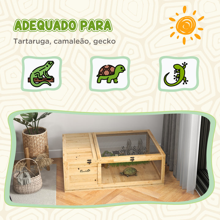 Casa para Tartarugas de Madeira Terrario para Reptéis com Teto de Malha Painéis Laterais Transparentes e Trava de Segurança 91x60,5x32 cm Madeira