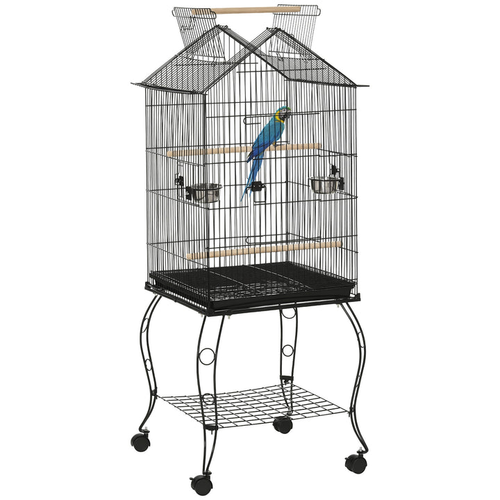 Gaiola para Pássaros com Suporte Rodas Bandeja Amovível 2 Comedouros e Prateleira Inferior de Metal para Canários Periquitos Tentilhões 50x58x145 cm Preto