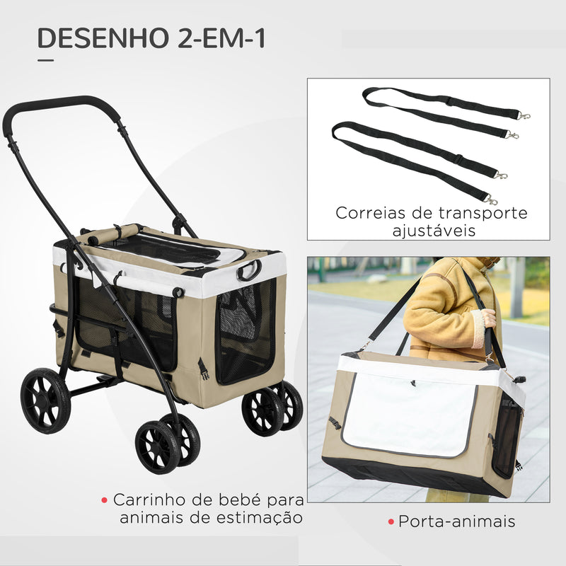 Carrinho para Animais de Estimação Carrinho para Cães Dobrável com Compartimento Desmontável 4 Portas com Fecho de Correr 2 Correias de Segurança e de Transporte 81x58x97,5 cm Cáqui