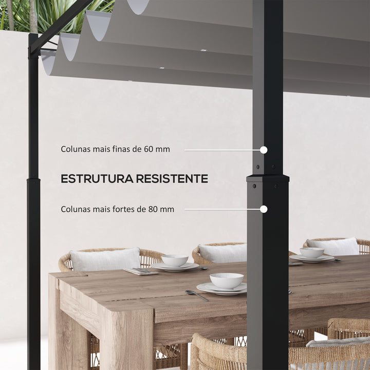 Pérgola de Jardim 3x3 m com Teto Retrátil e Acessório Magnético, Pavilhão de Jardim com Proteção UV30+, Colunas Metálicas e Ganchos, Cobertura para Terraço, Exterior, Cinzento