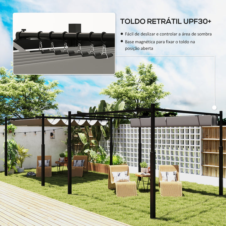 Pérgola de Jardim 3x3 m com Teto Retrátil e Acessório Magnético, Pavilhão de Jardim com Proteção UV30+, Colunas Metálicas e Ganchos, Cobertura para Terraço, Exterior, Cinzento