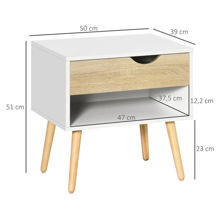 Conjunto de 2 Mesas de Cabeceira Mesa Auxiliar com 1 Gaveta e Prateleira de Armazenamento para Dormitório Sala de Estar Escritório Estilo Moderno 50x39x51cm Branco e Carvalho