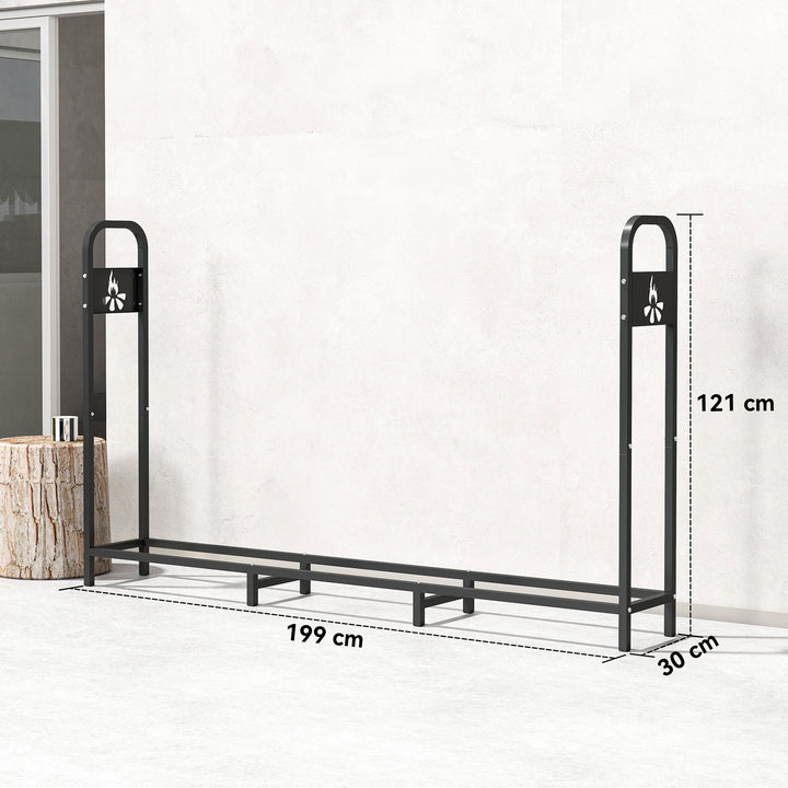 Suporte Metálico para Lenha 199x30x121 cm Suporte para Lenha de Exterior com Estrutura de Aço Pés Extra e Design Recortado de Fogueira Capacidade de Carga 300 kg para Jardim Preto