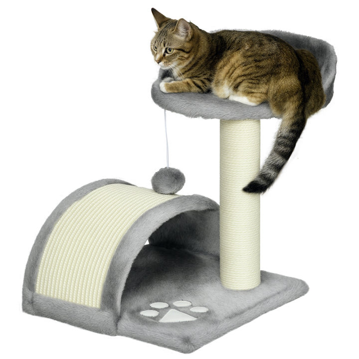Arranhador para Gatos Pequena Altura 46 cm de 2 Níveis com Poste e Tapete de Arranhar Cama e Bola Suspensa 35,5x37x46 cm Cinza