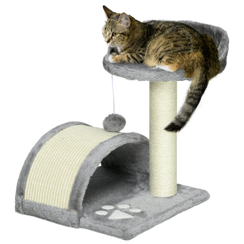 Arranhador para Gatos Pequena Altura 46 cm de 2 Níveis com Poste e Tapete de Arranhar Cama e Bola Suspensa 35,5x37x46 cm Cinza