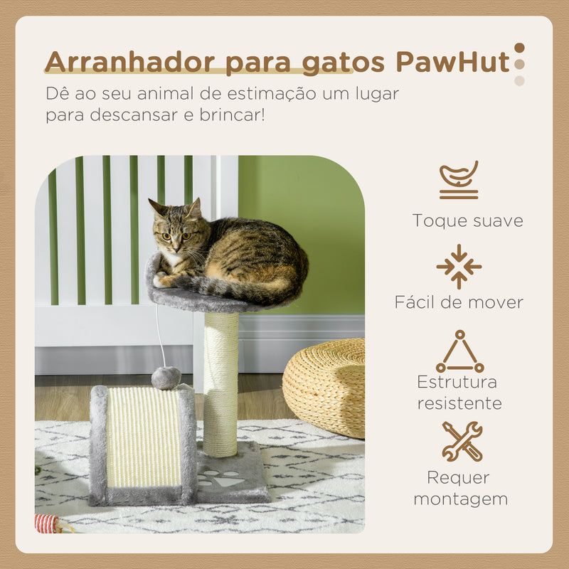 Arranhador para Gatos Pequena Altura 46 cm de 2 Níveis com Poste e Tapete de Arranhar Cama e Bola Suspensa 35,5x37x46 cm Cinza