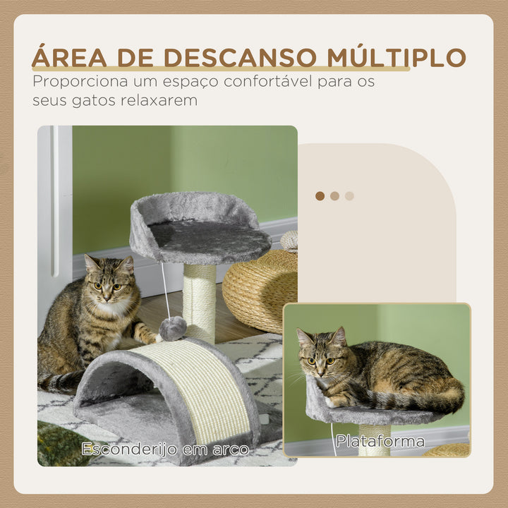 Arranhador para Gatos Pequena Altura 46 cm de 2 Níveis com Poste e Tapete de Arranhar Cama e Bola Suspensa 35,5x37x46 cm Cinza