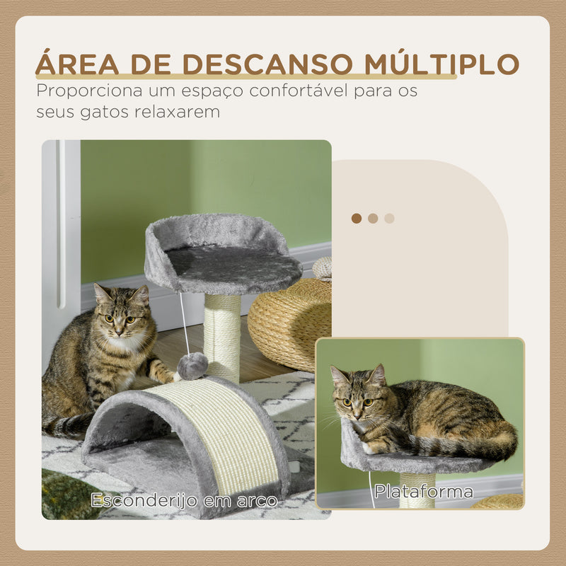 Arranhador para Gatos Pequena Altura 46 cm de 2 Níveis com Poste e Tapete de Arranhar Cama e Bola Suspensa 35,5x37x46 cm Cinza