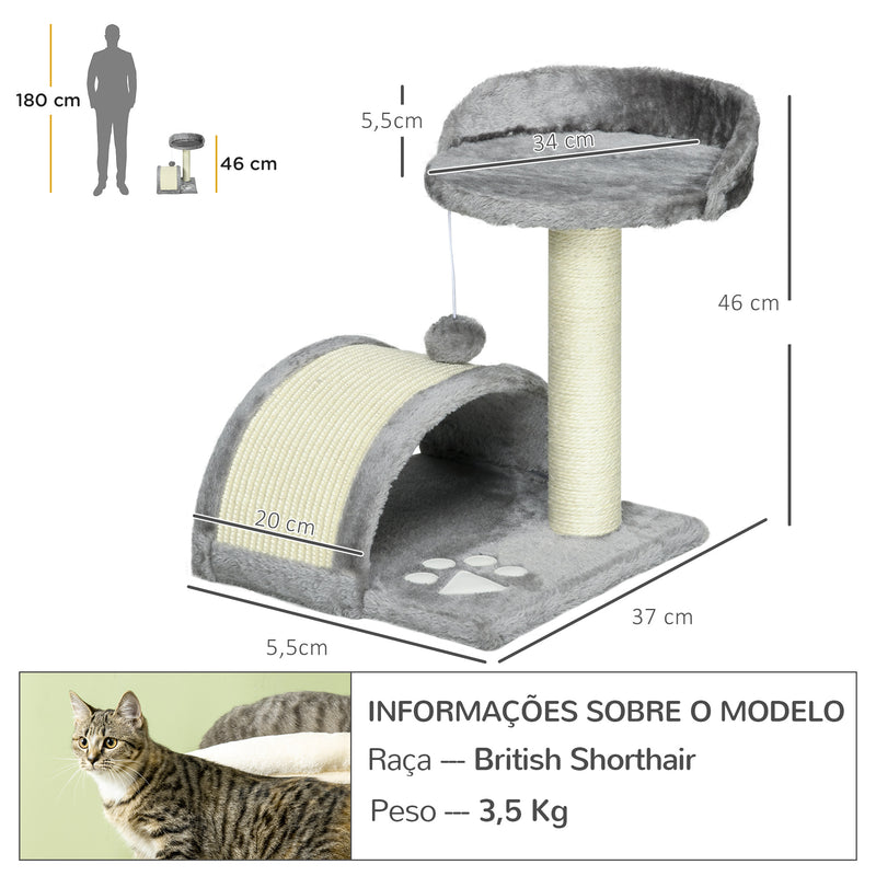 Arranhador para Gatos Pequena Altura 46 cm de 2 Níveis com Poste e Tapete de Arranhar Cama e Bola Suspensa 35,5x37x46 cm Cinza