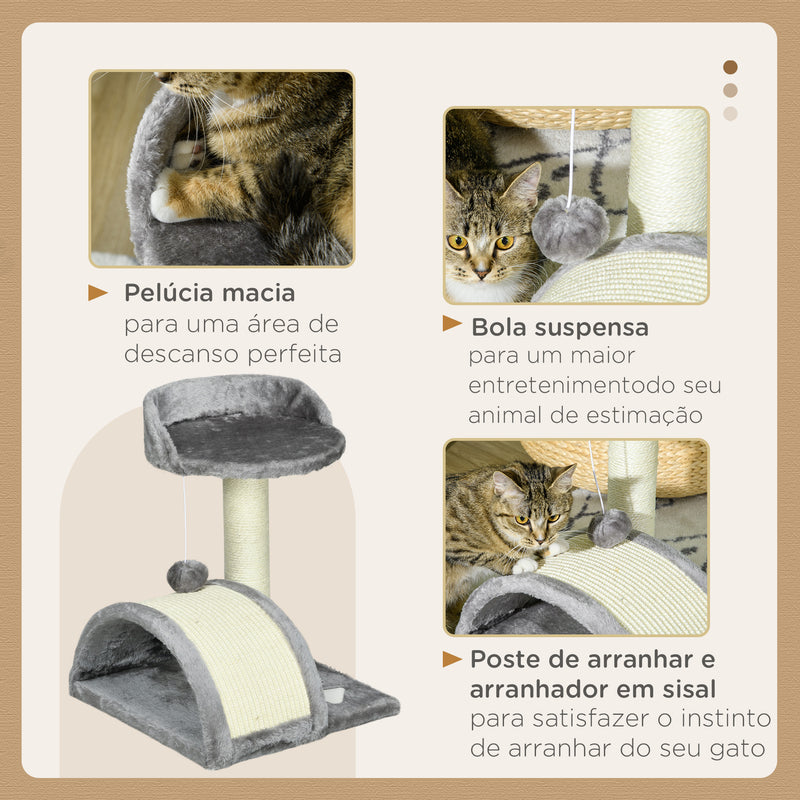 Arranhador para Gatos Pequena Altura 46 cm de 2 Níveis com Poste e Tapete de Arranhar Cama e Bola Suspensa 35,5x37x46 cm Cinza