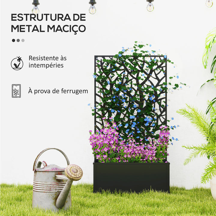 Floreira de Exterior Floreira de Metal com Ecrã de Privacidade com Ramos Decorativos Floreira de Parede ou Independente para Pátio Varanda 61x23x113 cm Preto