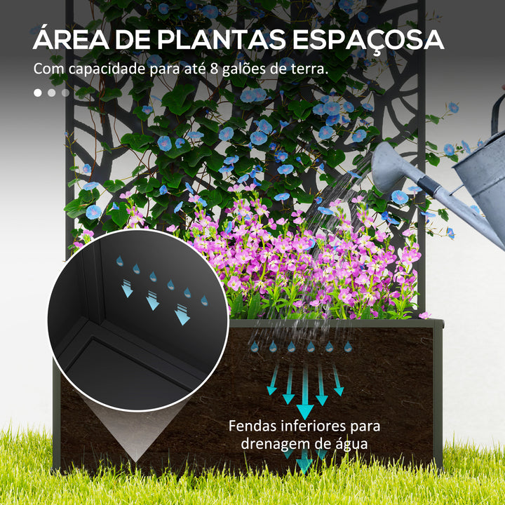 Floreira de Exterior Floreira de Metal com Ecrã de Privacidade com Ramos Decorativos Floreira de Parede ou Independente para Pátio Varanda 61x23x113 cm Preto