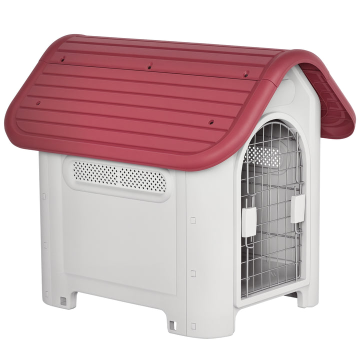 Casota para Cães com Porta Removível Base Elevada 3 Respiradouros e Janela Casota de Cães para Interior e Exterior 59x75x66cm Cinza e Vermelho