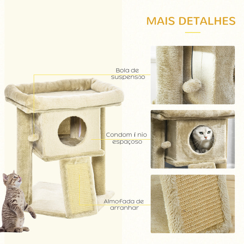 Árvore Arranhador para Gatos Pequenos Altura 57 cm Arranhador para Gatos com Poste de Juta Rampa Caverna e Bola Suspensa 40x40x57 cm Areia