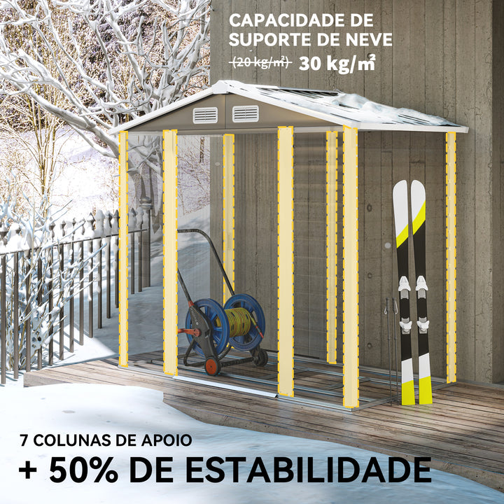 Abrigo de Jardim Exterior 2,36m² 213x120x194 cm Abrigo de Exterior com Base Reforçada (Piso NÃO Incluído) Portas de Correr Duplas Fechadura Janelas Cinza Escuro