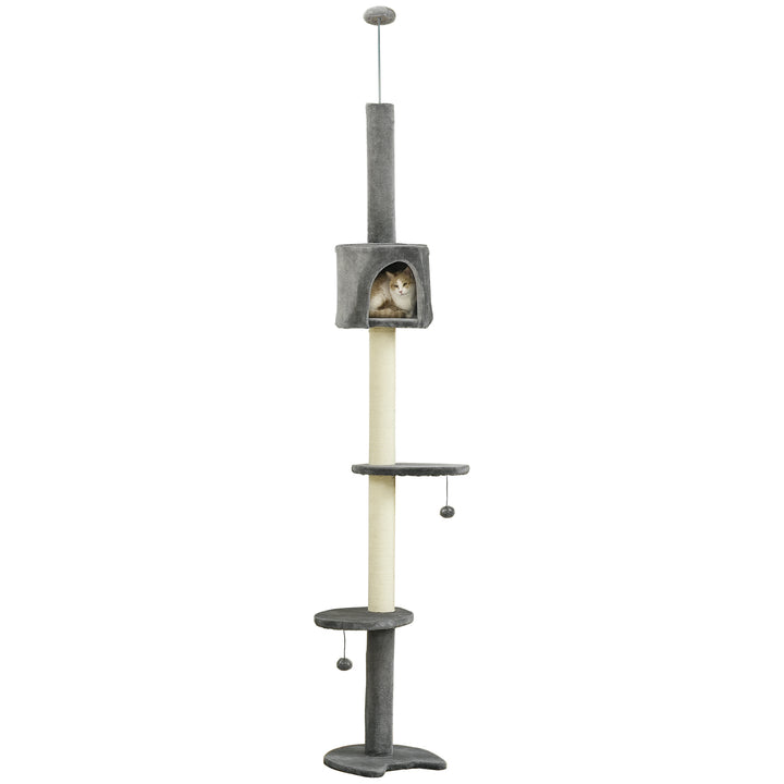 Árvore Arranhador para Gatos para Fixar ao Teto Altura Ajustável 220-280cm com Plataformas Caverna Postes de Sisal Bolas Penduradas 40x40x280cm Cinza Claro