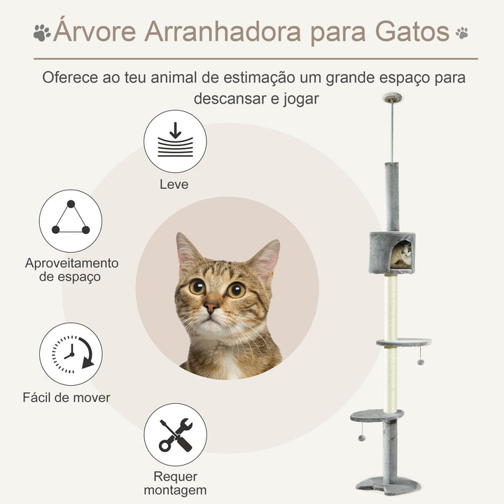 Árvore Arranhador para Gatos para Fixar ao Teto Altura Ajustável 220-280cm com Plataformas Caverna Postes de Sisal Bolas Penduradas 40x40x280cm Cinza Claro