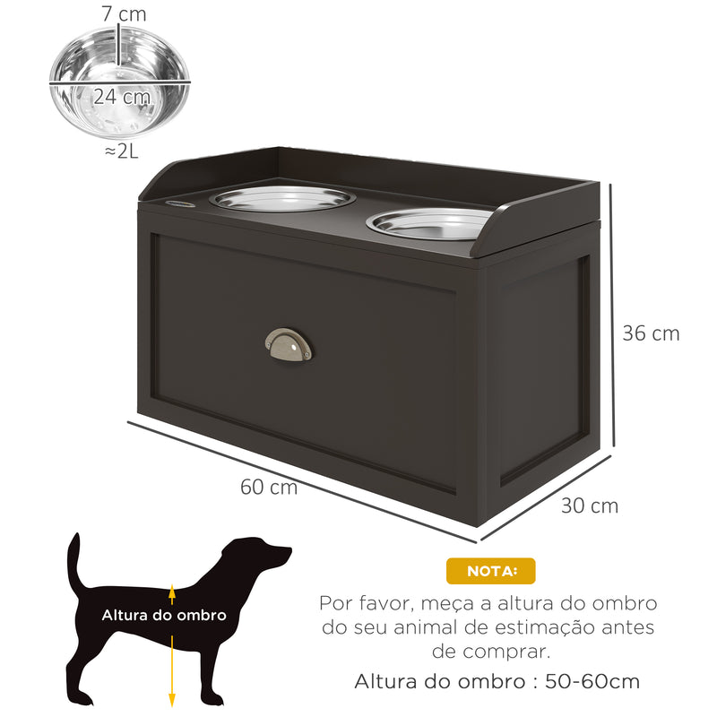 Comedouro Elevado para Cães Comedouro para Cães com 2 Tigelas 2000ml de Aço Inoxidável Gaveta Oculta com Suporte de Madeira para Animais de Estimação 60x30x36cm Marrom Escuro