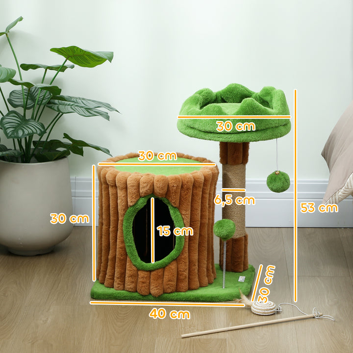Arranhador para Gatos 53 cm Design de Tronco Torre Escaladora com Cama Caverna Poste de Juta Bolas Penduradas Castanho e Verde