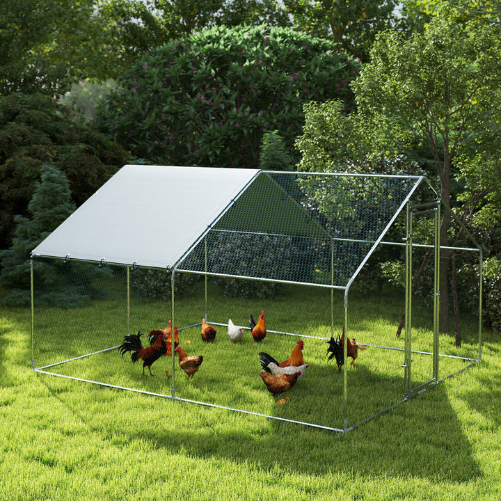 Galinheiro para Exterior 3x3,4x1,9 m Galinheiro de Aço Galvanizado com Cobertura Anti-UV e Impermeável Gaiola para 10-15 Galinhas Prata