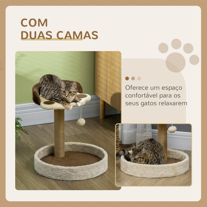 Arranhador para Gatos Altura 44 cm Torre de Escalada com 2 Camas Poste de Juta Brinquedo Pendurado Ø41x44 cm Marrom