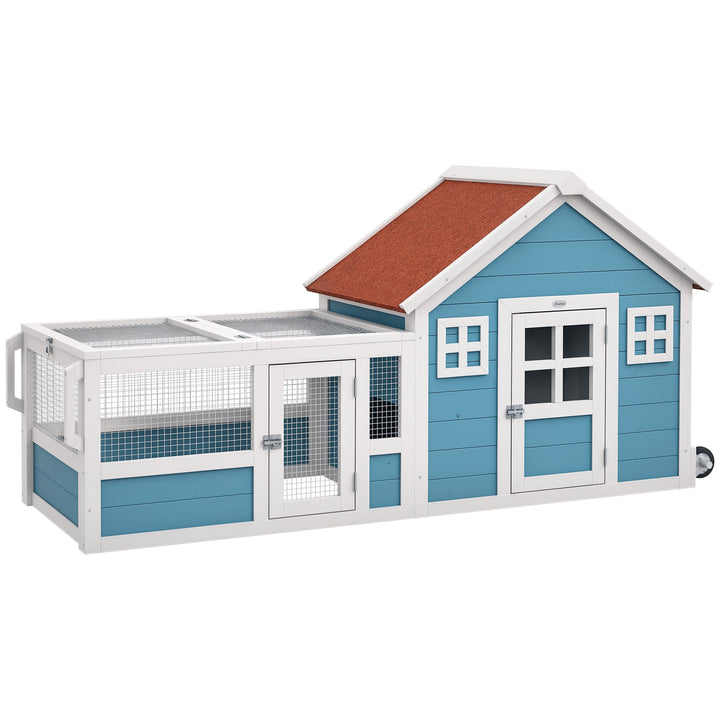 Coelheira Exterior de Madeira 162,5x59,2x77,6 cm Gaiola para Coelhos Grande com 2 Janelas de Decoração 2 Rodas 1 Porta 1 Rampa e Teto Asfáltico Azul