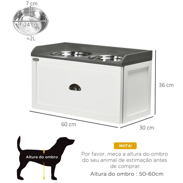 Comedouro Elevado para Cães Comedouro para Cães com 2 Tigelas 2000ml de Aço Inoxidável Gaveta Oculta com Suporte de Madeira para Animais de Estimação 60x30x36cm Branco
