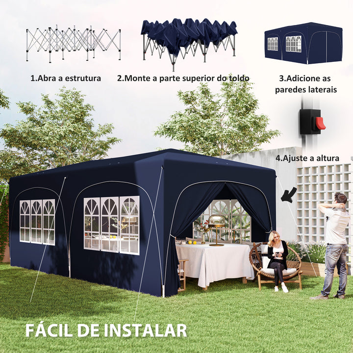 Tenda Dobrável tenda 3x6 m com Painéis Laterais UPF50+ Tenda de Jardim com Altura Ajustável e Bolsa de Transporte para Campismo Festas Pátio Azul Escuro