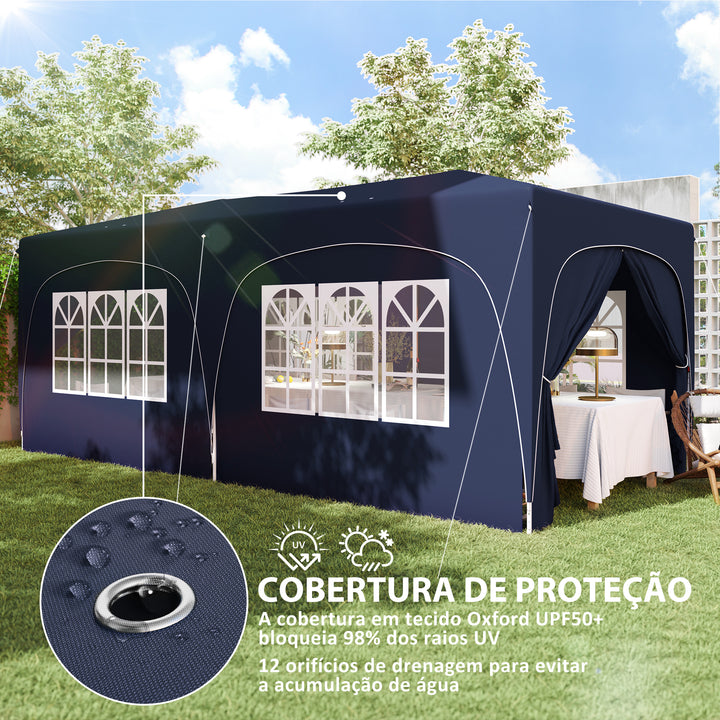 Tenda Dobrável tenda 3x6 m com Painéis Laterais UPF50+ Tenda de Jardim com Altura Ajustável e Bolsa de Transporte para Campismo Festas Pátio Azul Escuro
