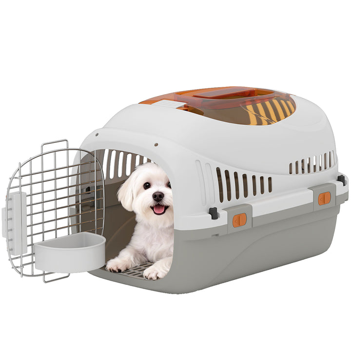 Transportadora para Gatos e Cães Pequenos Caixa de Transporte de Plástico Suporta até 4 kg com Claraboia Taça Porta de Aço Sistema de Fecho Triplo Base Elevada 49x32x31 cm Cinzento Claro