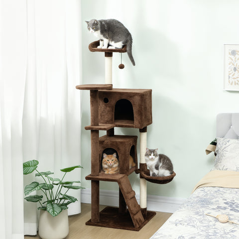 Arranhador para Gatos 160 cm Torre de Escalada com Múltiplas Plataformas Cama 2 Cavernas Rede Escada Postes de Sisal Bolas para Brincar Marrom