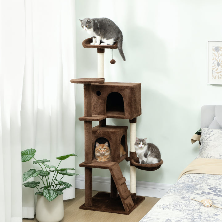 Arranhador para Gatos 160 cm Torre de Escalada com Múltiplas Plataformas Cama 2 Cavernas Rede Escada Postes de Sisal Bolas para Brincar Marrom