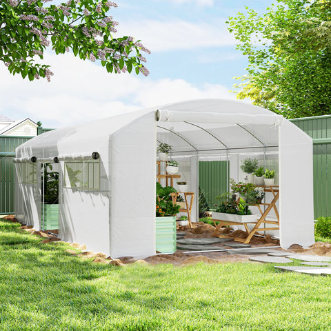 Estufa tipo Túnel 6x3x2 m Estufa de Exterior com 4 Janelas de Malha Cobertura de PE Anti UV e 3 Portas Enroláveis com Fecho de Correr Estufa para Jardim Pátio Branco