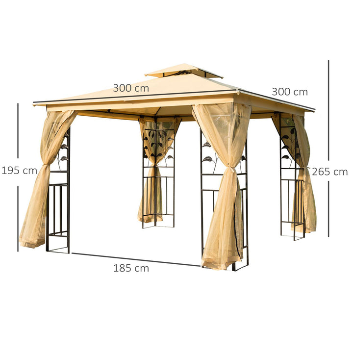 Pérgola de Jardim 300x300x265 cm Pérgola de Exterior com Teto Duplo Mosquiteira e Orifícios de Drenagem Bege