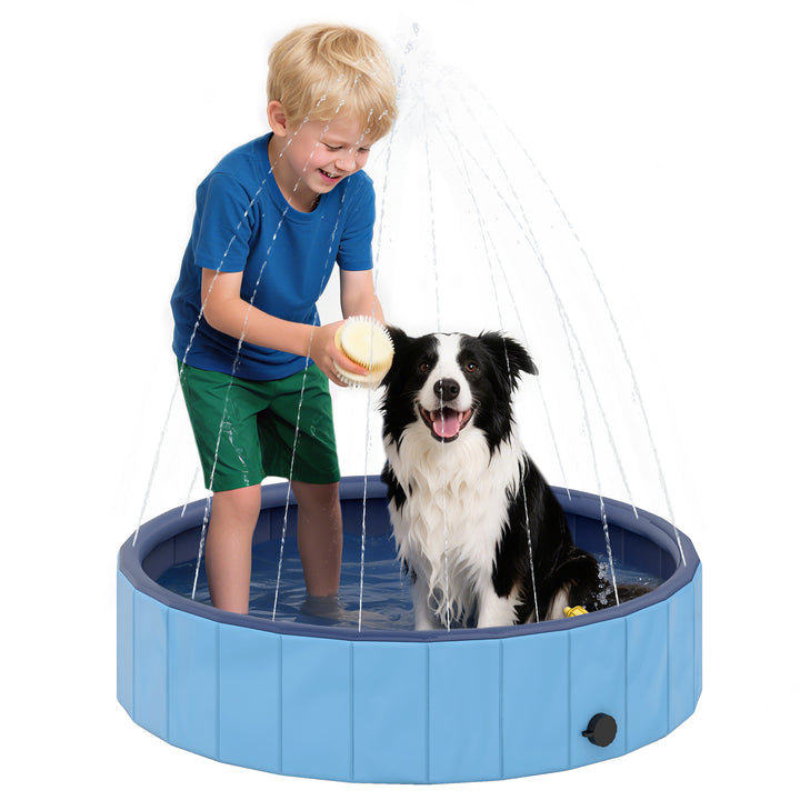 Piscina para Cães Dobrável com Aspersor Piscina Portátil para Animais de Estimação Médios em PVC Antiderrapante e Resistente ao Desgaste para Interiores e Exteriores Ø100x30 cm Azul Claro